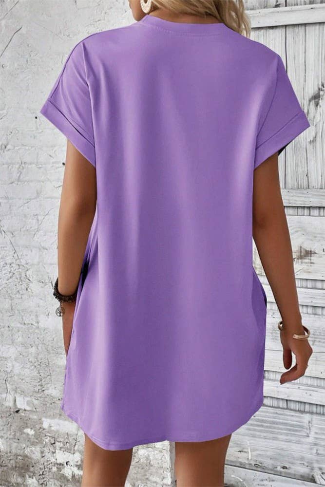 UNISHE - Wholesale Dress - Women's - Plain Fold Cuff Pockets Round Neck T-Shirt Dress ZK133311