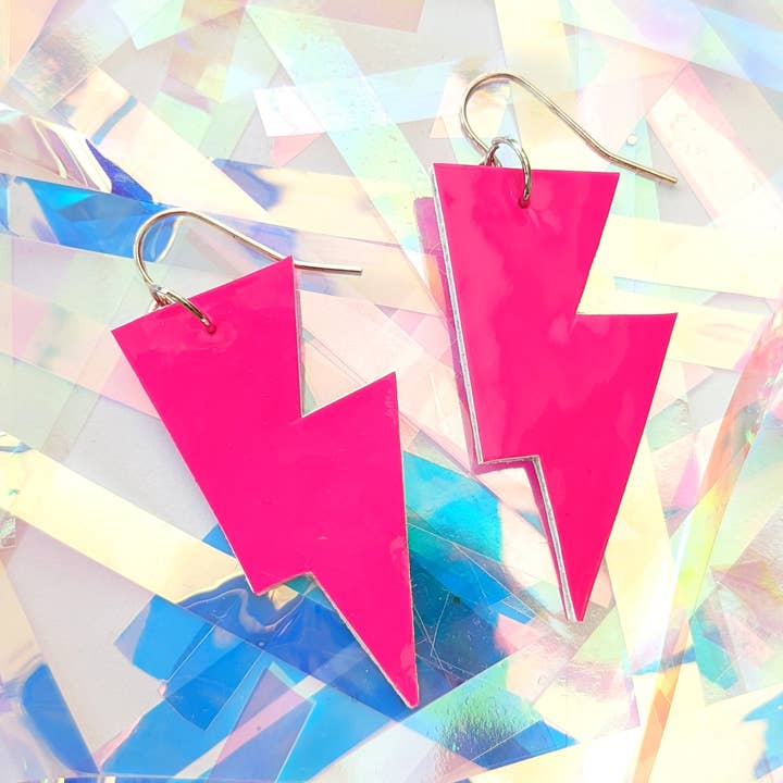 Small Neon Patent Pink Lightning Bolt Dangle Earrings for wholesale by All The Discos