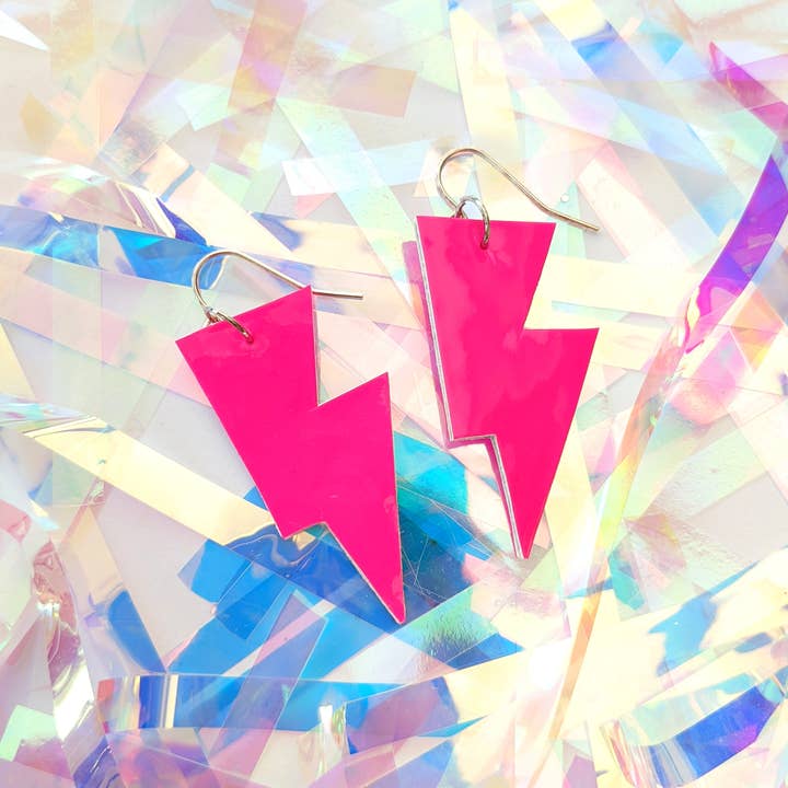 Small Neon Patent Pink Lightning Bolt Dangle Earrings for wholesale by All The Discos