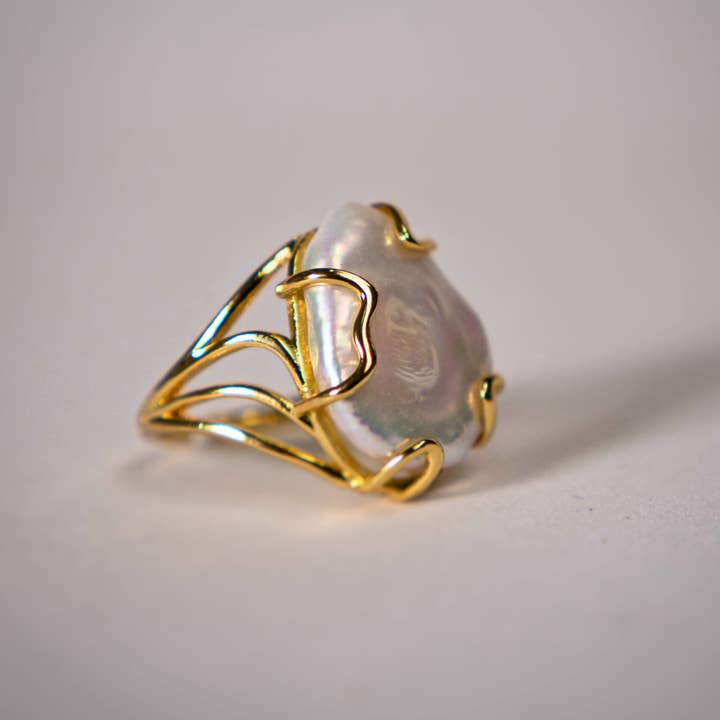 PHOEBE´S - Wholesale Cocktail/Statement Ring - Open Ring with Baroque Pearl – 18K Gold Plated3