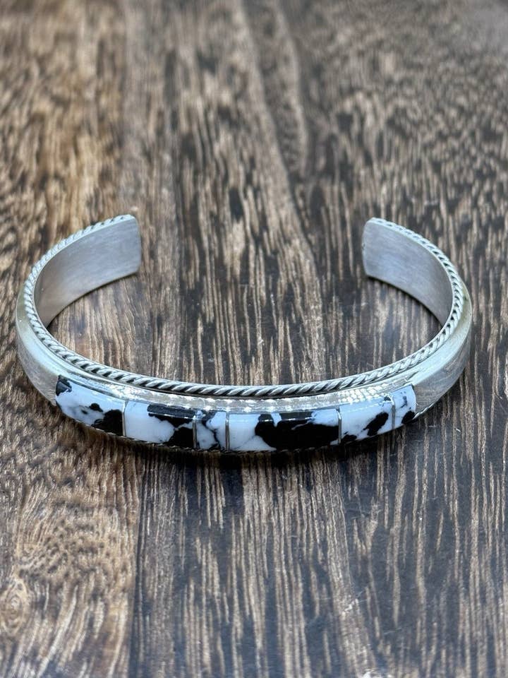 Navajo Handmade Sterling Silver White Buffalo Inlay Cuff Bracelet Francis Yazzie for wholesale by Native City Jewelry