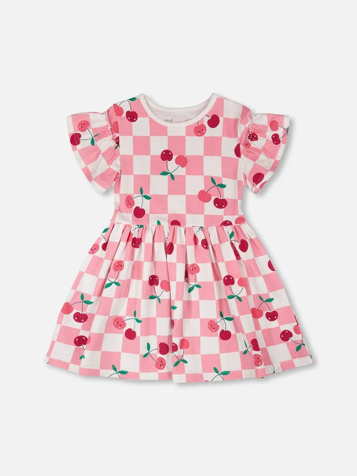 Kleid aus Bio-Baumwolljersey Rosa mit Kirschdruck für den Großhandel von Deux par Deux