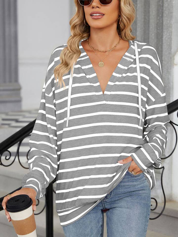 sweat-shirt ample à capuche à manches longues et col rond à rayures pour la vente par Wholesalesir