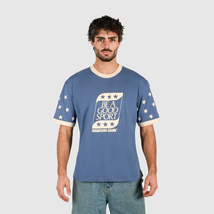 Good Sport Boxy Ringer Tee in Blue for wholesale by Skwosh