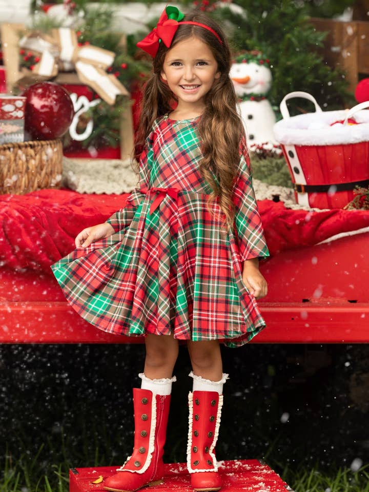 Red Mistletoe Princess Plaid Holiday Dress for wholesale on Faire5