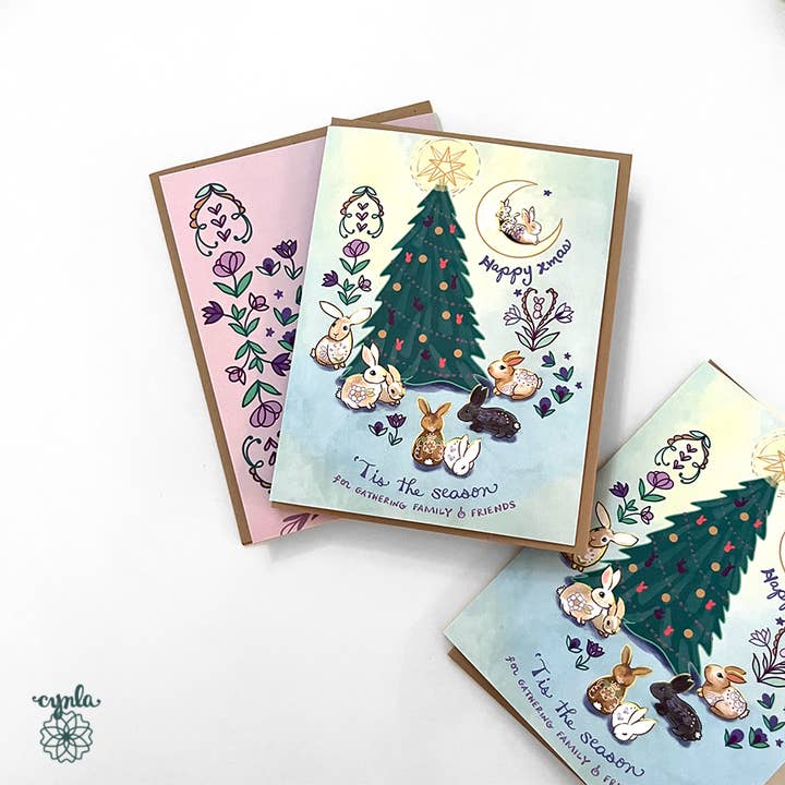 Biglietto di Natale con Albero di Coniglietti - biglietto di auguri per le feste in famiglia con coniglietti per la vendita all'ingrosso da parte di Cynla