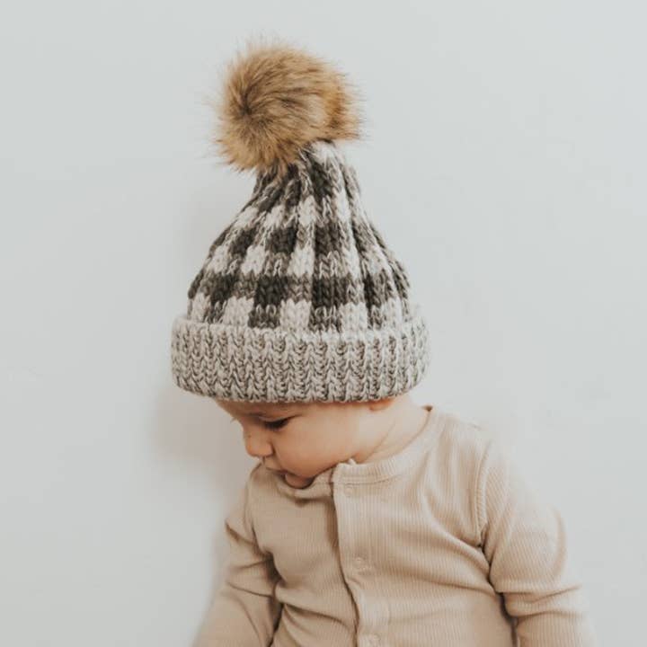 Huggalugs - Wholesale Beanie - Kids - Grey Buffalo Check Pom Pom Beanie Hat Baby & Kids
