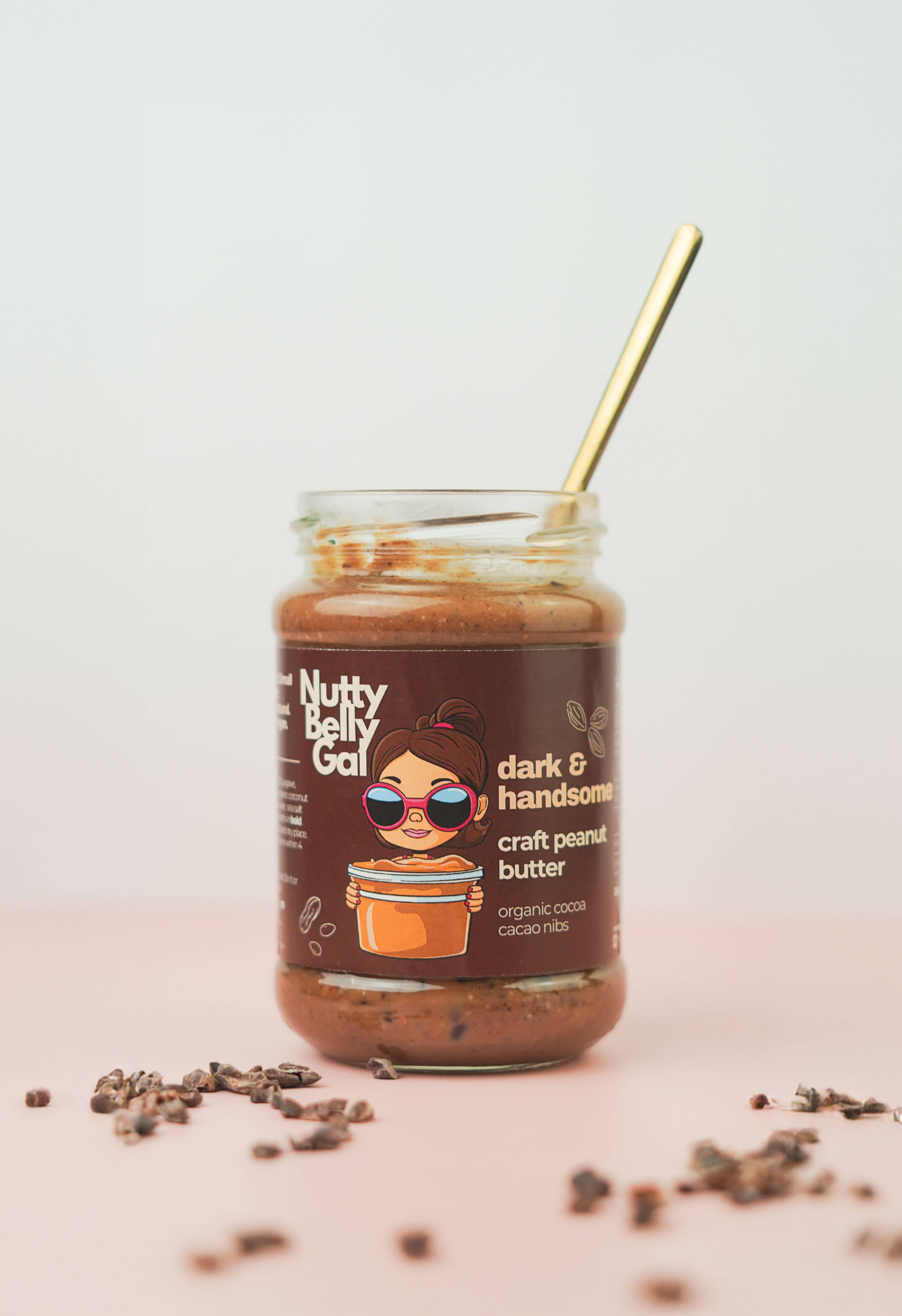 Nutty Belly Gal – wholesale Nut butter – Dark & Handsome: Dark Chocolate Peanut Butter + Cacao Nibs1
