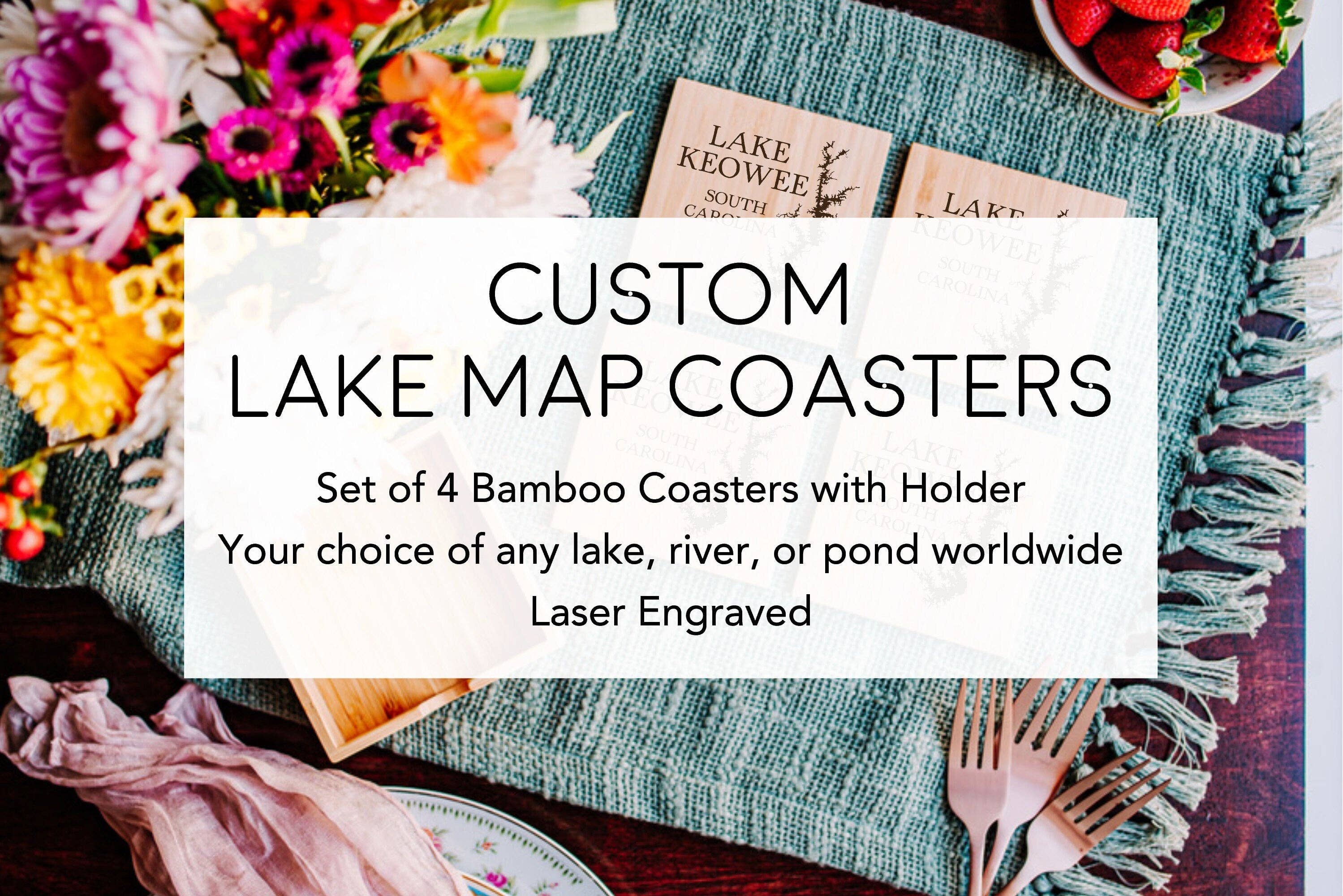 The Lillie Pad - Wholesale Coasters - Custom Lake Map Coasters  - Bamboo Coasters Set of 45