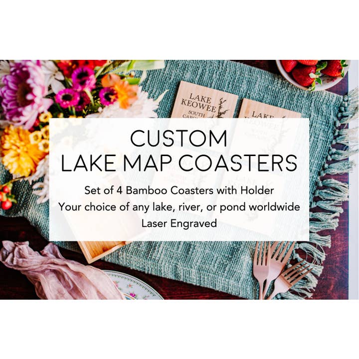 The Lillie Pad - Wholesale Coasters - Custom Lake Map Coasters - Bamboo Coasters Set of 45