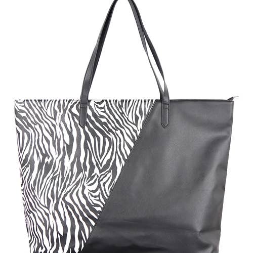 BLACK TWO TONE ZEBRA PRINT TOTE BAG for wholesale on Faire