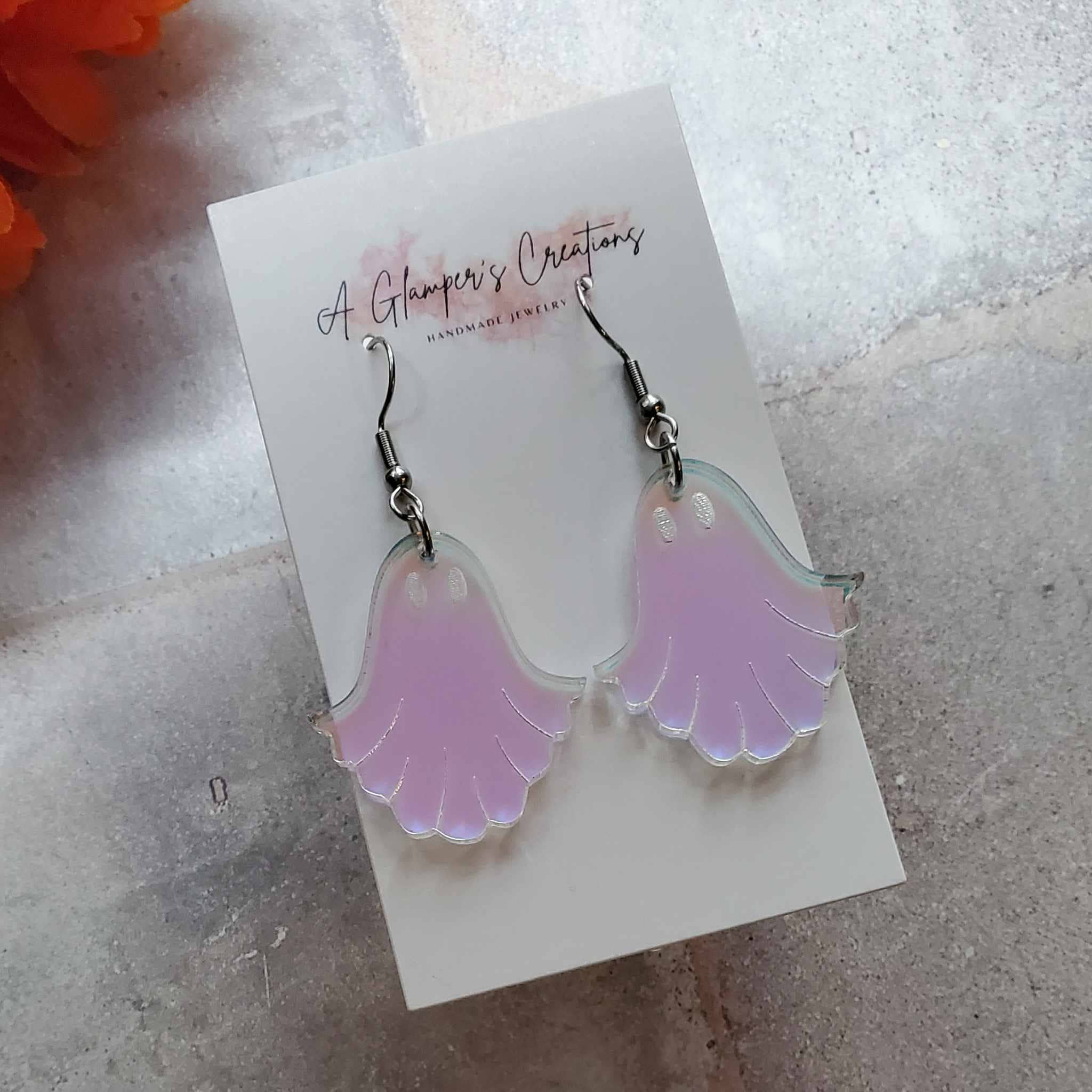 A Glamper's Creations LLC - Wholesale Dangle Earrings - Ghost Earrings - Iridescent Acrylic Halloween Ghost Earrings3