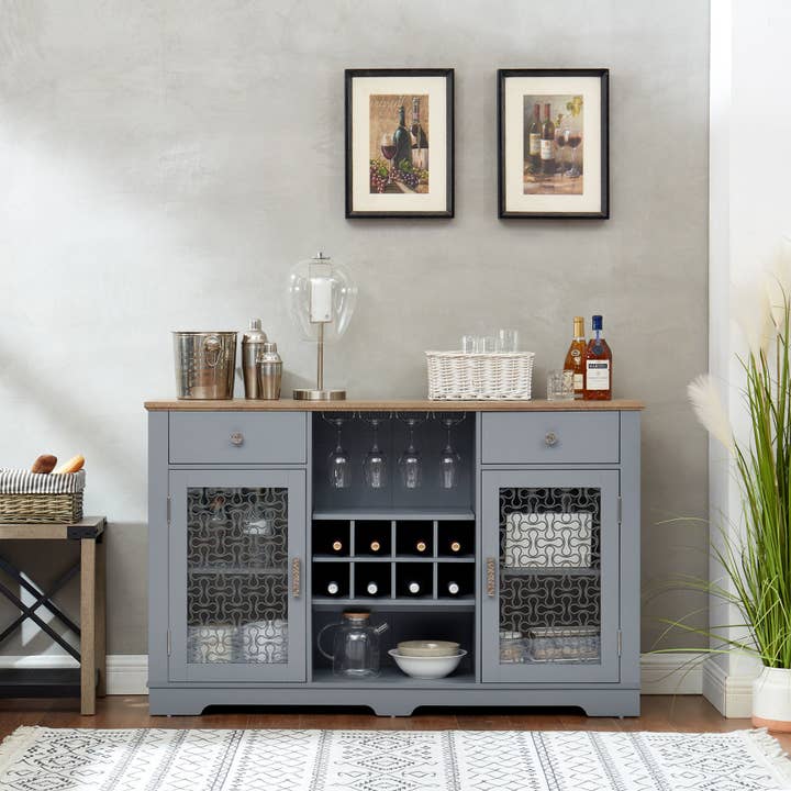 Orange County Decor - Wholesale Cabinet - Modern Farmhouse Buffet Cabinet, Sideboard With 2 Drawers And Elegant Glass Door Cabinets, Wine And Glass Rack, Coffee Bar For Kitchen, Dining Room, Light Blue And Light Oak, 56.46"W*15.55"D*35.74"H2