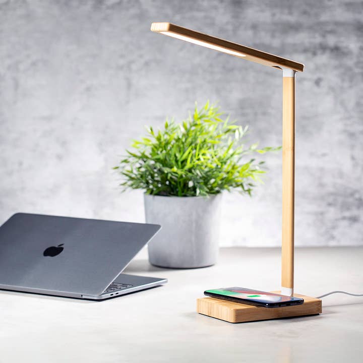 Foldable bamboo lamp with 10W wireless charger for wholesale by Fustik