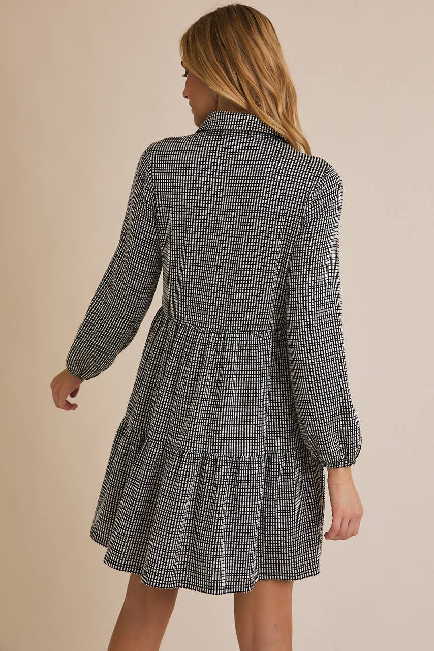 COLLAR LONG SLEEVE BUTTON UP GINGHAM MINI DRESS for wholesale on Faire2
