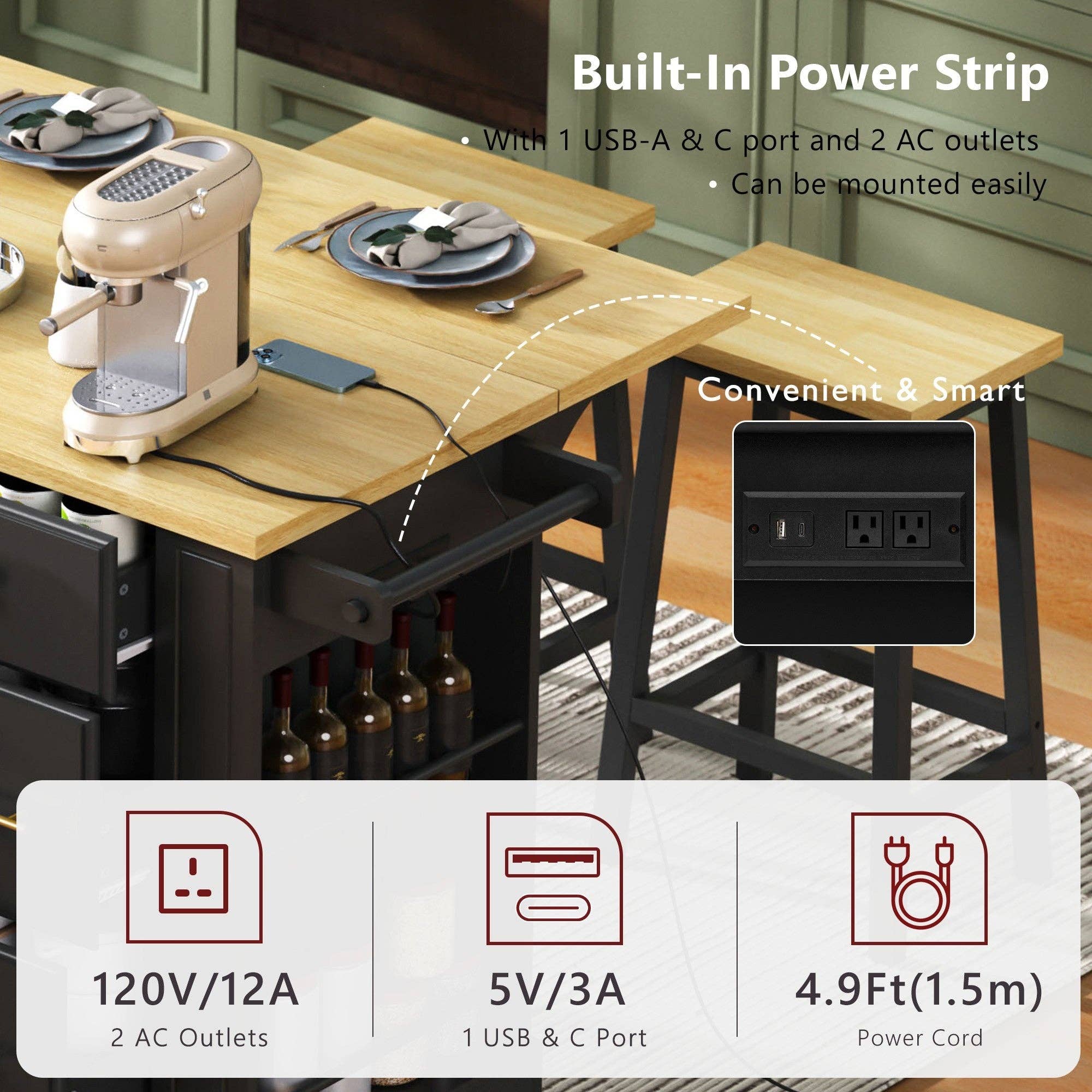 39F Inc. - Wholesale Kitchen Storage/Organizer - 51.2" Farmhouse Kitchen Island with 6 Drawers & Drop Leaf42