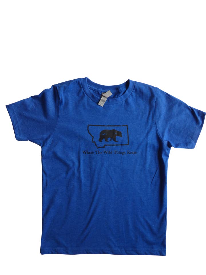 Camisa Meninos Azul com Urso Selvagem Preto por atacado de Montana Tees