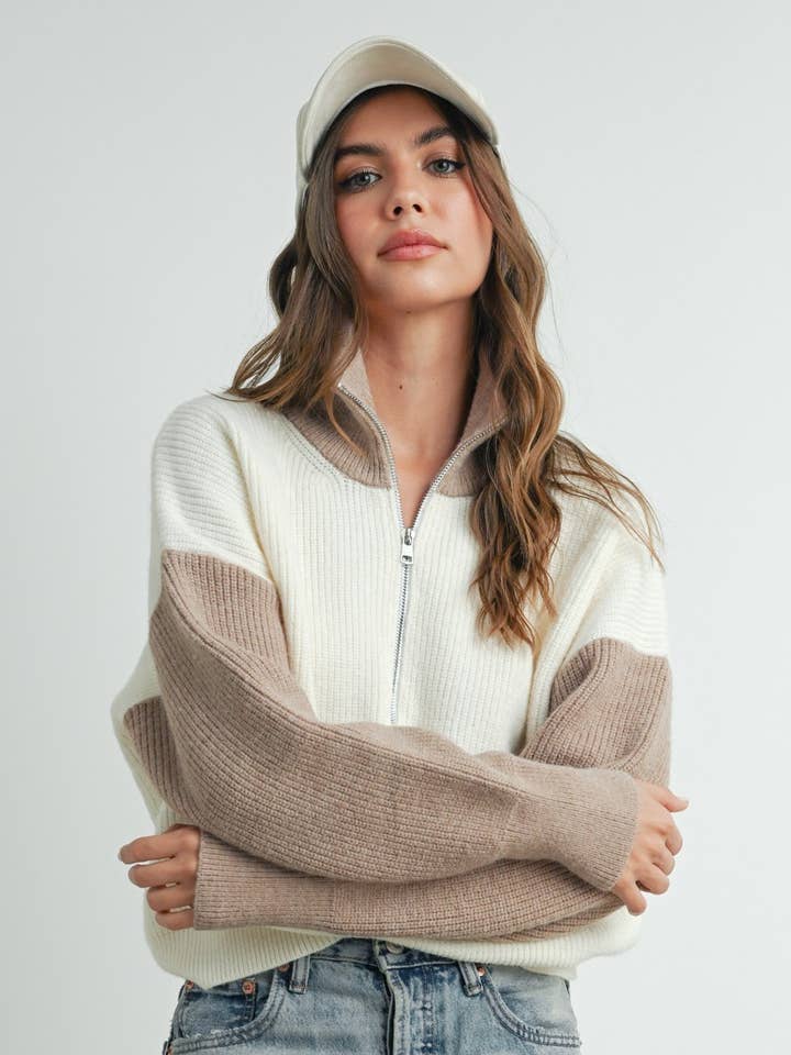 PL9317 - COLOR BLOCK COLLAR HALF ZIPPER PULLOVER SWEATER for wholesale by Peace Love Line