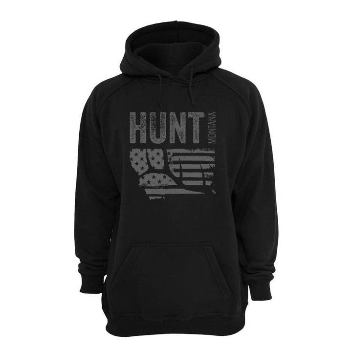 HUNT MONTANA - AMERICAN FLAG - ELK ANTLER - HOODIE - BLACK/CHARCOAL for wholesale by Hunt Montana