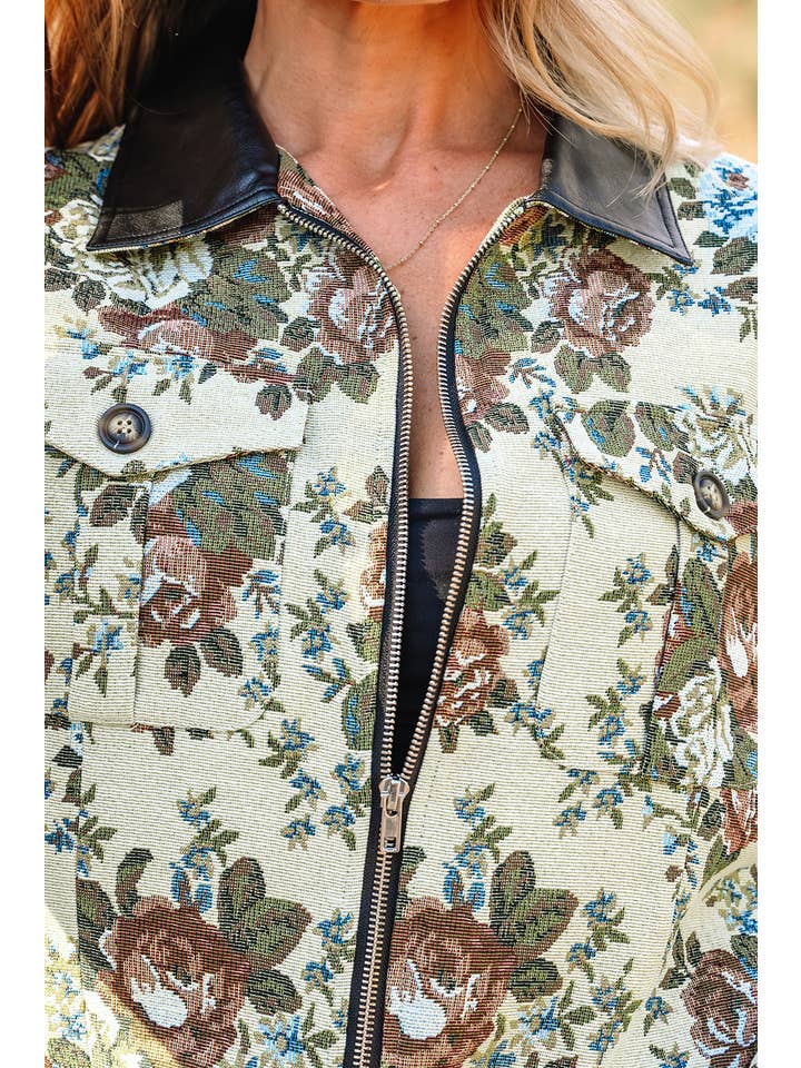 Khaki Floral Zip-Up Contrast Collared Jacket for wholesale on Faire4