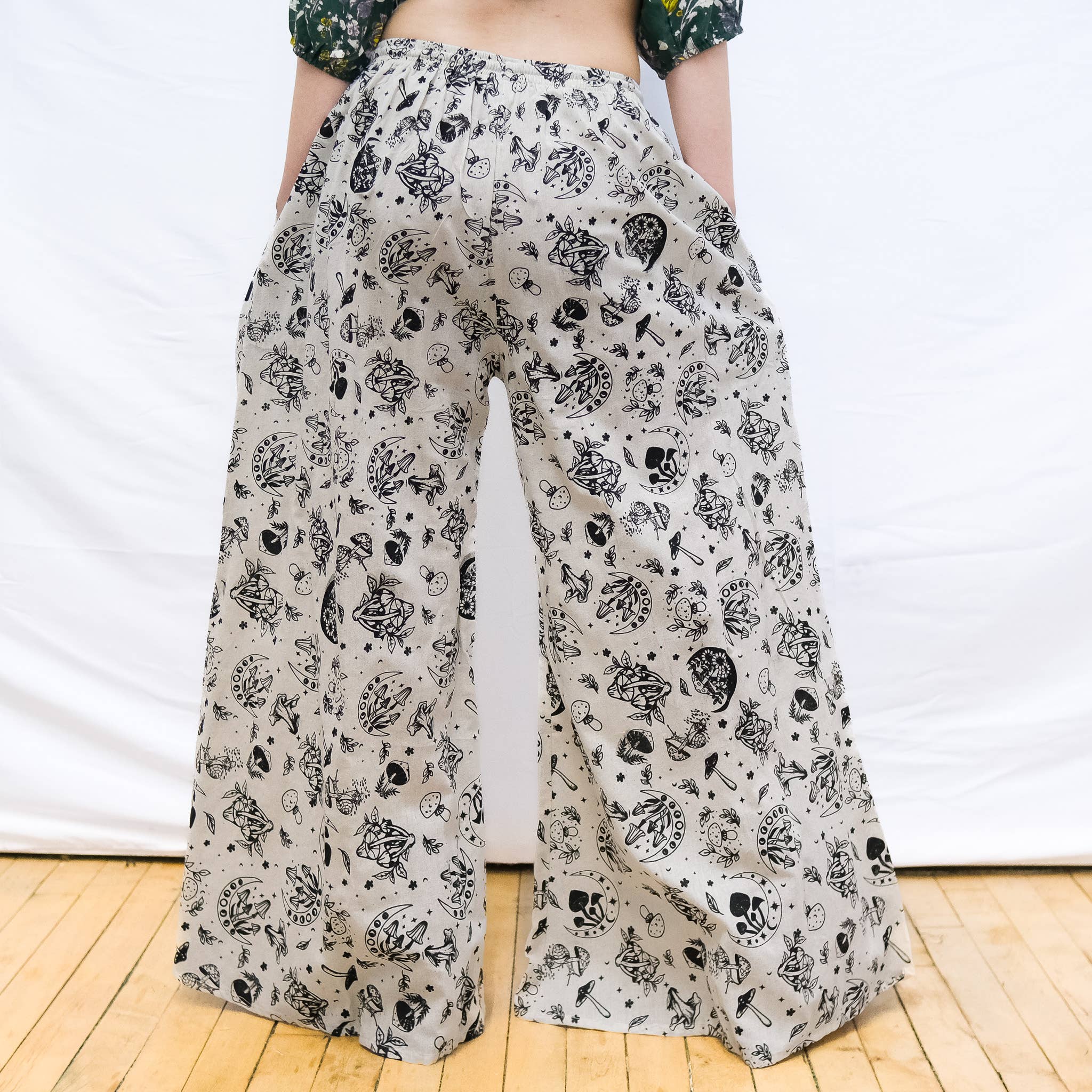 Karma Nepal Crafts - Wholesale Pants - Women's - Flowy Mushroom/Celestial Wide Leg Cotton Pants with Pockets5