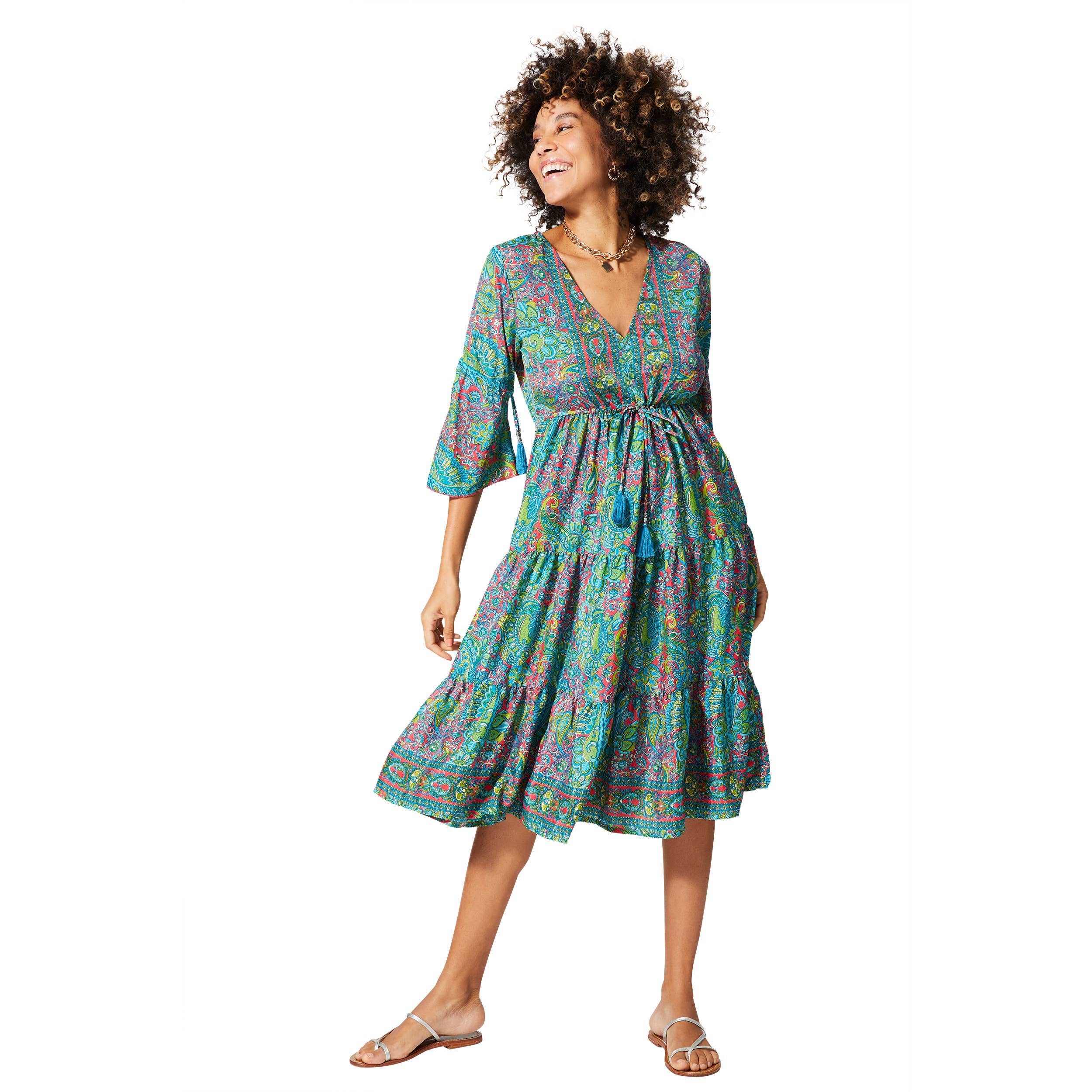 Aller Simplement – Engroshandel Kjole - Dame – Midilengde sommerkjole med 3/4-ærmer og flæser0