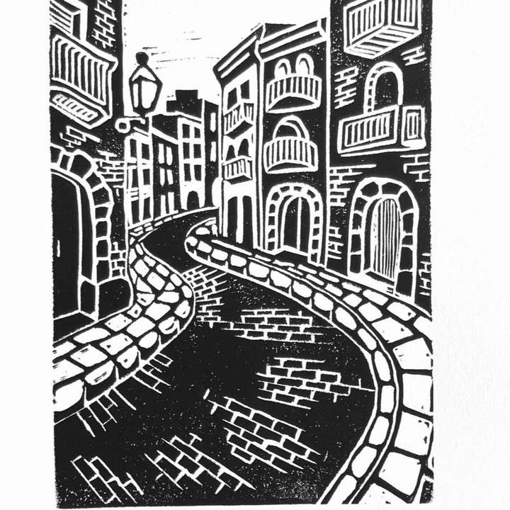 European cobblestone streets - Linocut relief print (8x10in) for wholesale by The Big Harumph