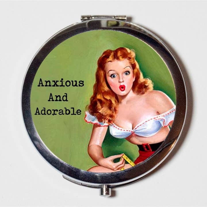 Anxious and Adorable Compact Mirror - Pin Up Girl Pinup Social Anxiety Introverts Funny Humor - Make Up Pocket Mirror for Cosmetics for wholesale by FringePop