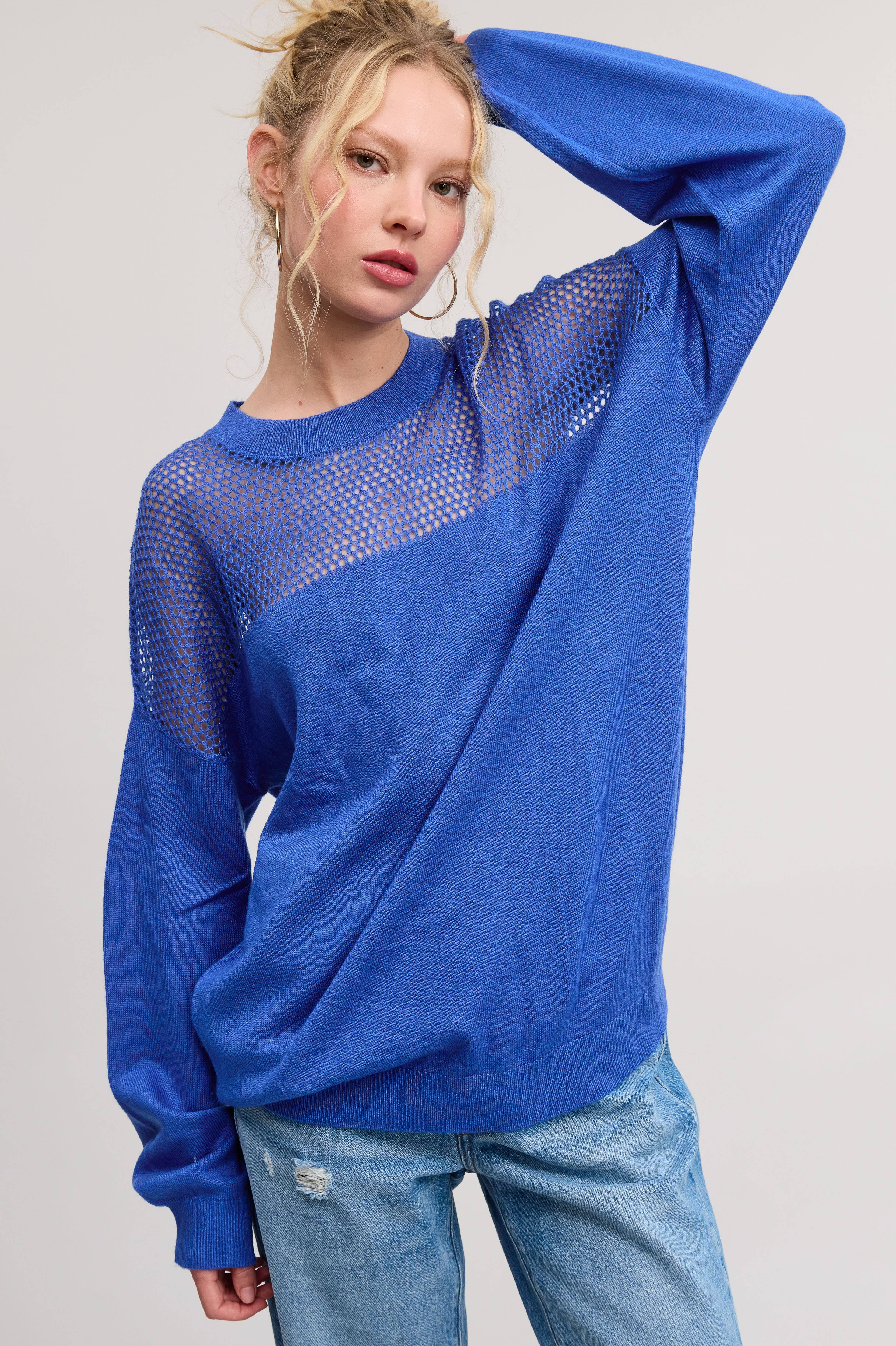 Mimosa - Wholesale Knit Sweater - Women's - Crochet Mesh Long Sleeve Knit Sweater