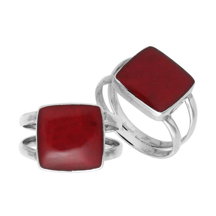 AR-6222-CR Sterling Silver Double-Band Ring with Square Coral- Wholesale Jewelry for wholesale by Bali Designs