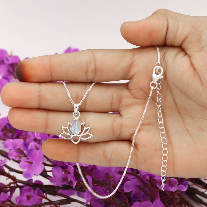 Jay Jools - Wholesale Pendant/Charm Necklace - Rainbow Moonstone Lotus Pendant: 925 Sterling Silver Jewelry5