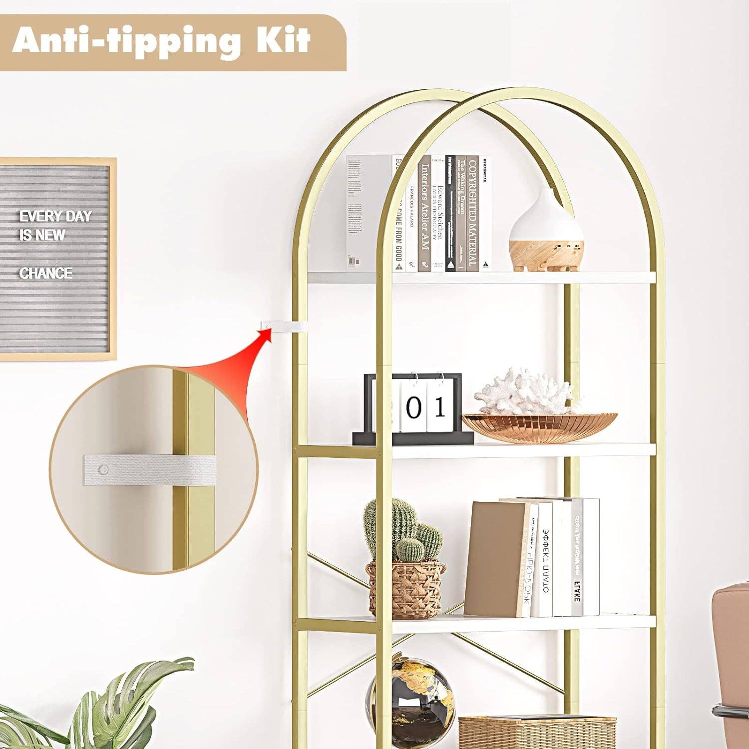 5 Tier Bookshelf Arched Display White Gold Metal Frame Bookcase for wholesale on Faire7