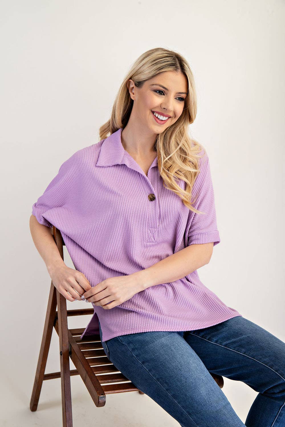 Celeste Clothing - Wholesale Knit Top - Women's - PLUS SIZE RIB KNIT COLLARED TOP WITH SHORT SLEEVES -CT2391316