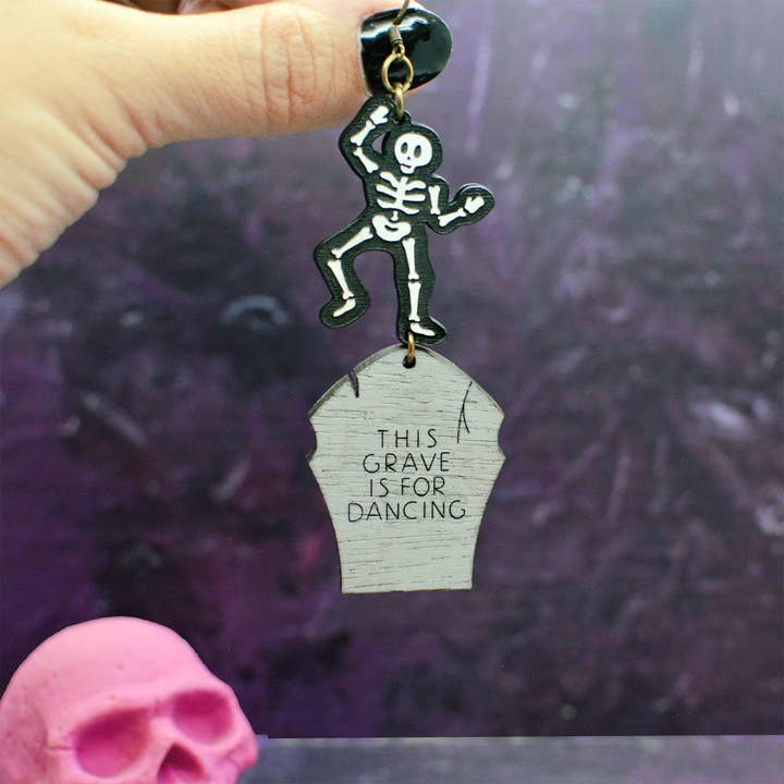 Halloween Dancing Skeleton Statement Earrings for wholesale by Silly Loaf
