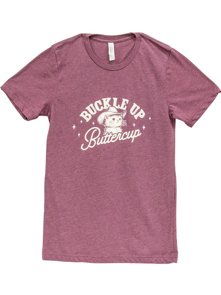 Col House Designs – wholesale Screen printed t-shirt – Women′s – Buckle Up Buttercup T-Shirt, Heather Maroon, Medium