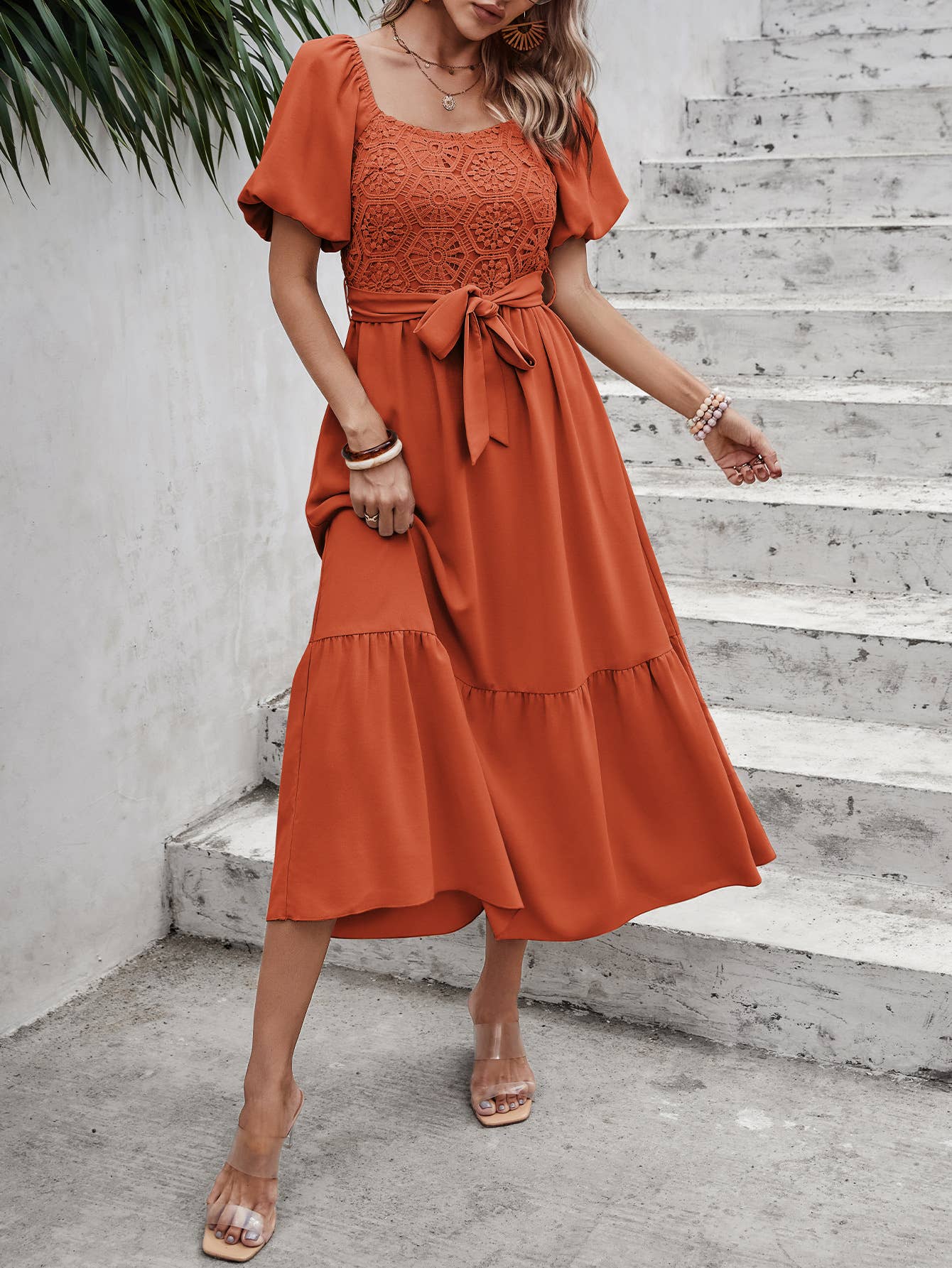 eLook - Wholesale Jurk - Dames - SZ1-DR1008 Midi-jurk met haakdetails en pofmouwen en riem19