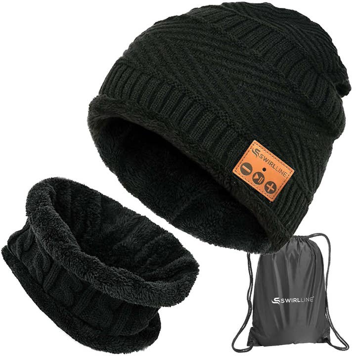 SWIRLLINE – wholesale Beanie – Unisex – Black Headphone Bluetooth Beanie Wireless Hat with Scarf