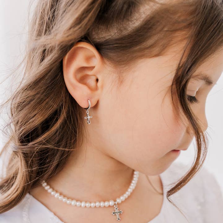 Cherished Moments - Wholesale Huggie Earrings - Sterling Silver Huggie with Cross Earrings for Kids, Girls