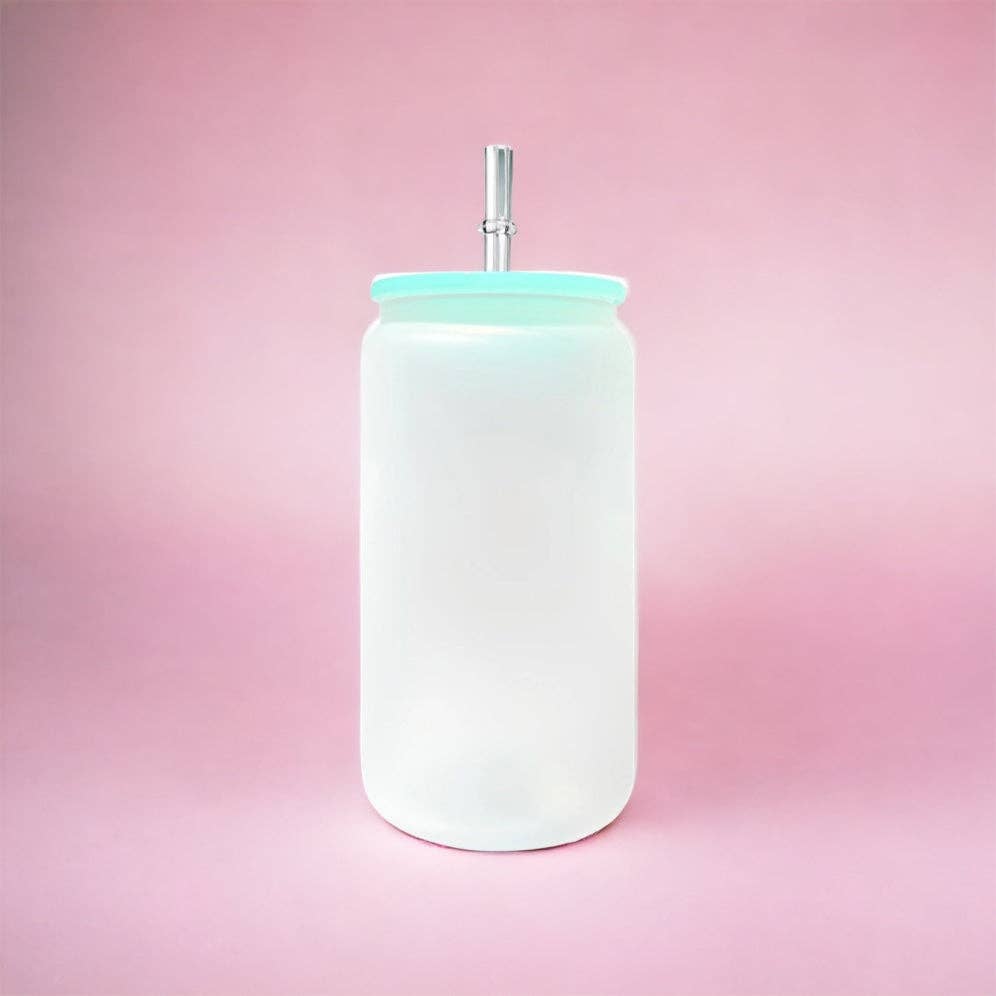 OMG Cups! - Wholesale Drinking Glass/Cup - Frosted Sublimation Glass Can (Plastic Colorful Lids) 16oz2