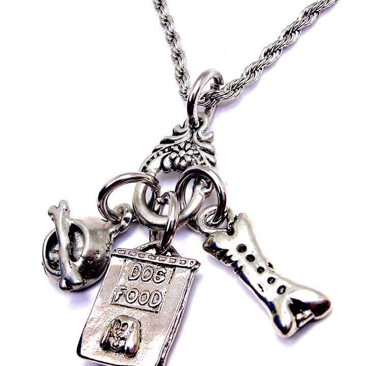 Colar com pingentes de saco de ração, tigela e biscoito para amantes de cães por atacado de Chubby Chico Charms