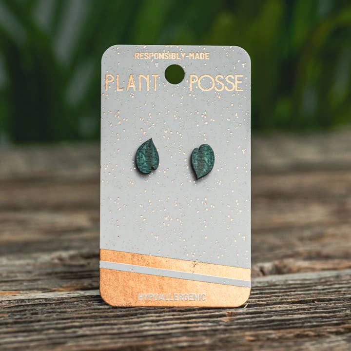 Plant Posse - Wholesale Stud/Post Earrings - Silver Satin Pothos Stud Earrings2