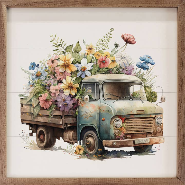 Kendrick Home - Wholesale Art Print - Rusty Green Truck With Flowers Front View