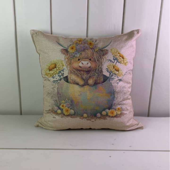 Easter Egg Highland Cow Spring Flowers Linen Cushion Cover for wholesale by Hills Of Fabric