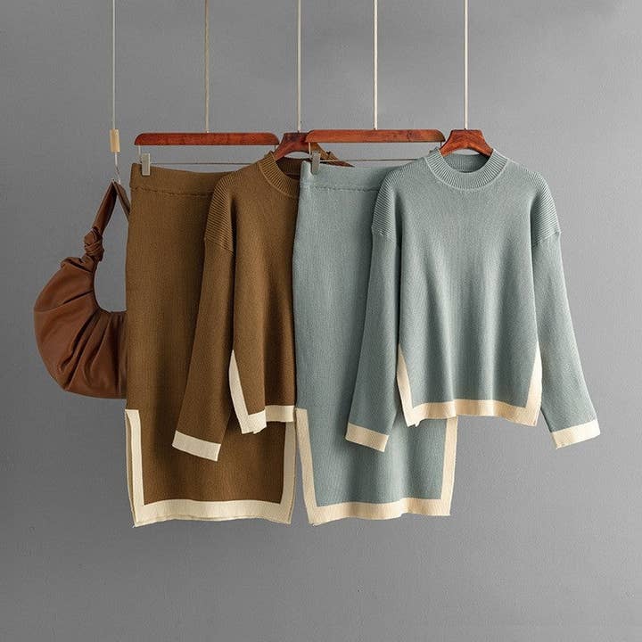 Ensemble pull à col rond color block et jupe midi à fente haute pour la vente par Plush Looks
