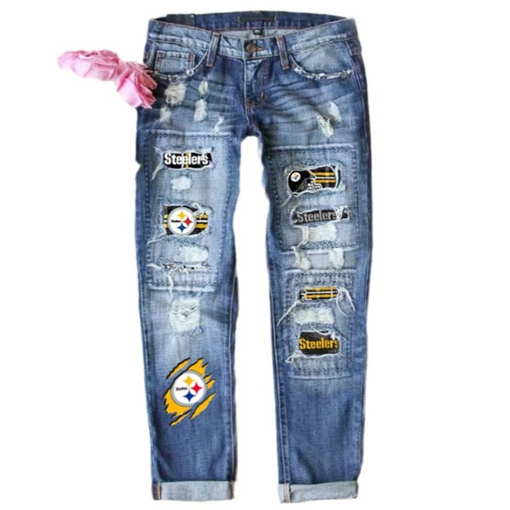 Blue Middle Waist Straight Jeans Ripped Printed Jeans Steelers for wholesale on Faire3