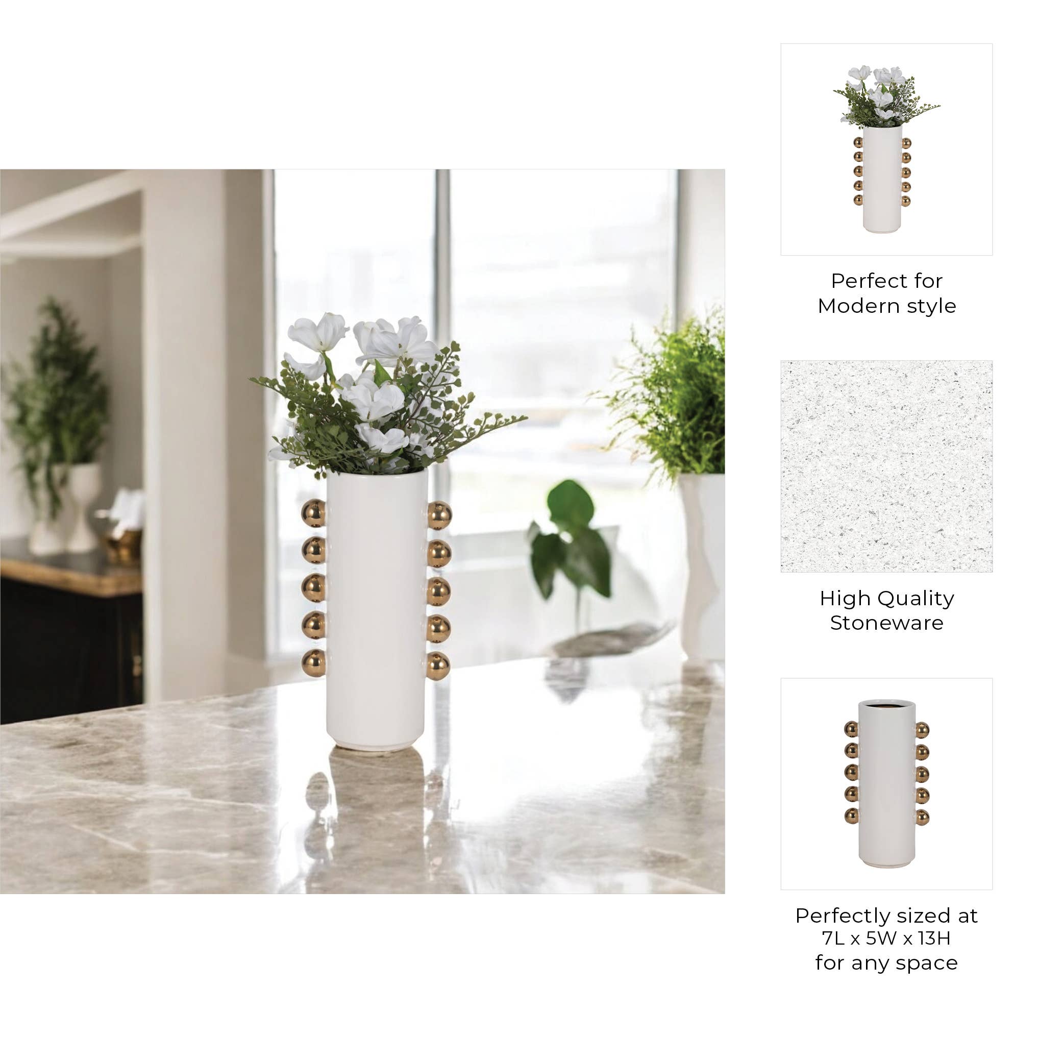 Sagebrook Home - Wholesale Vase - Vase - White/Gold Ceramic Cylinder with Side Knobs, 13 in.2