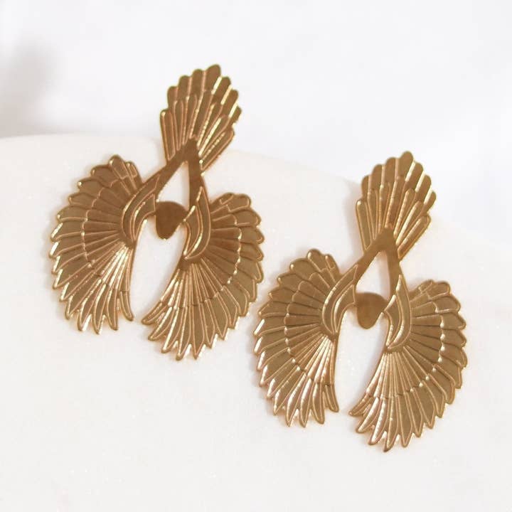 Grandioze gouden Phoenix-oorbellen voor wholesale door Finders and Makers