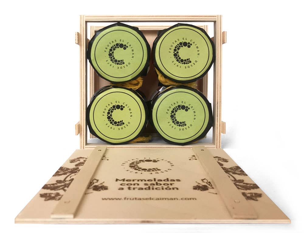 FrutasElCaiman – Großhandel Marmelade/Gelee – Holzkiste mit 4 verschiedenen Marmeladen à 150 g1