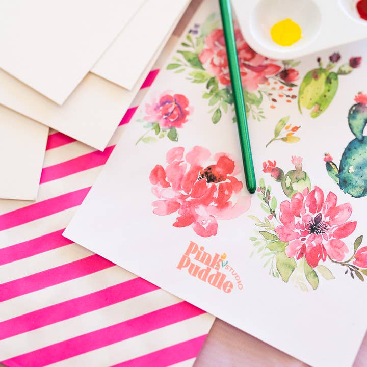 Pink Puddle Studio - Wholesale DIY Craft Kit - Prickly Pear Cactus & Peony Flowers Watercolor DIY Paint Kit10