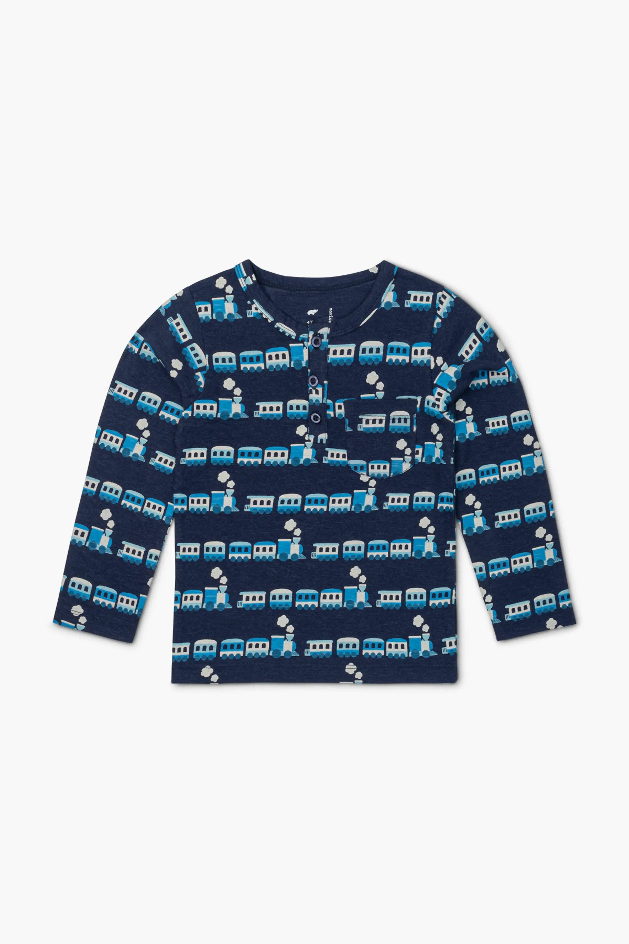 Monica + Andy - Wholesale T-Shirt - Kids - Long Sleeve Henley Tee_Blue Trains0